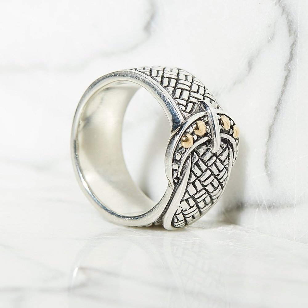 Robert Manse Designs Sterling Silver & 18k Gold Textured Buckle Band Ring